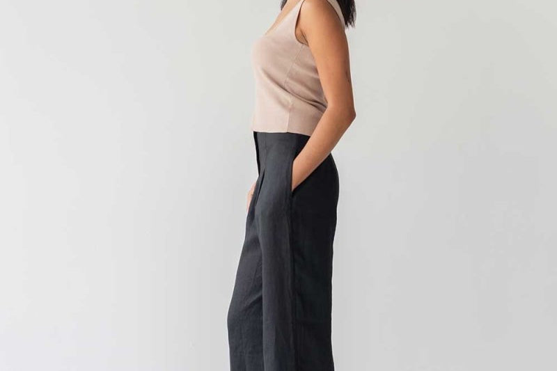 High-waist Linen Pants with Origami Belt - Esse-Black-XXS-None/ Option 1