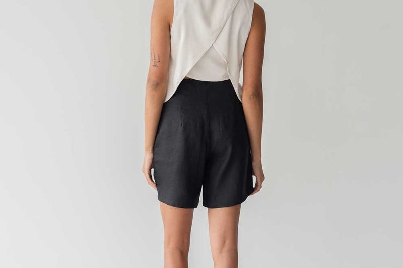 High-waist Linen Shorts with Origami Belt - Esse-Black-XXS-None/ Option 1