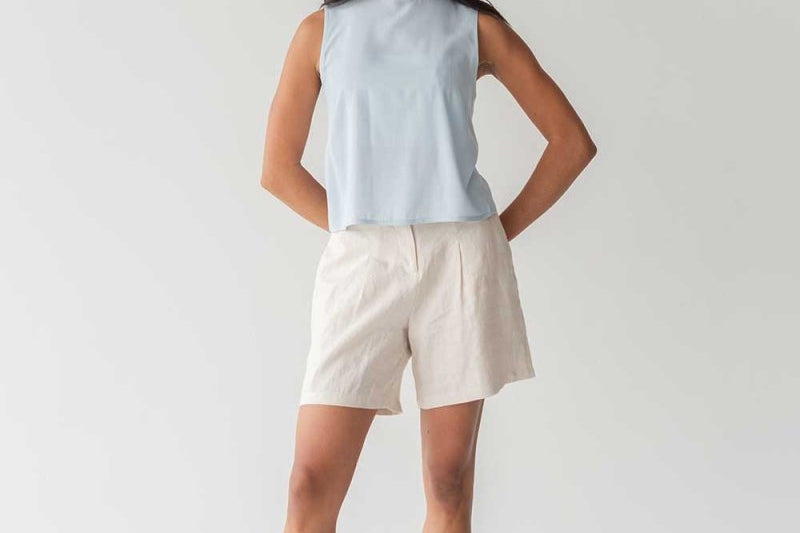High-waist Linen Shorts with Origami Belt - Esse-Cereal-XXS-None/ Option 1