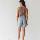 High-waist Linen Shorts with Origami Belt - Esse-Dusty Blue-XXS-None/ Option 1