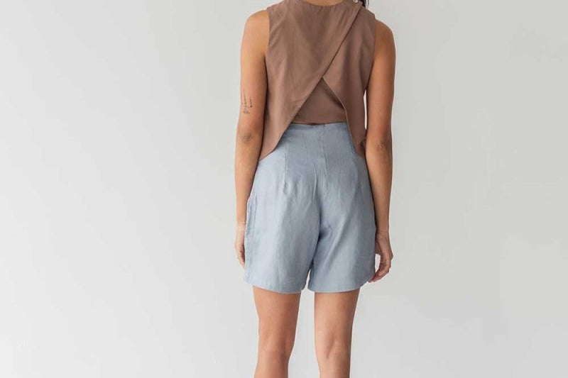 High-waist Linen Shorts with Origami Belt - Esse-Dusty Blue-XXS-None/ Option 1