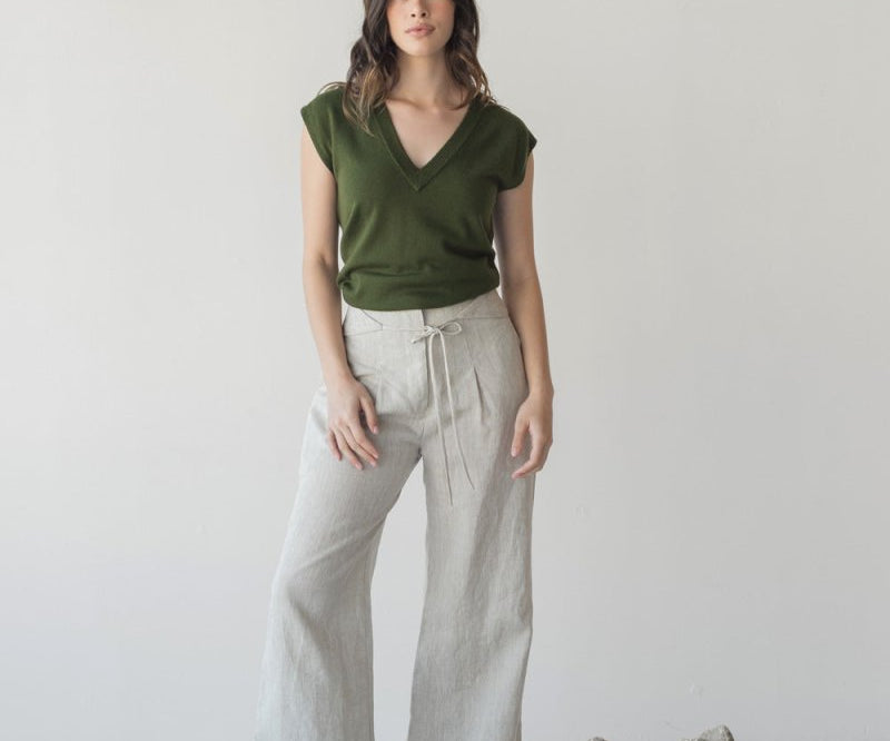 High-waist Linen Pants with Origami Belt - Esse-Vanilla Mist-XXS-None/ Option 1