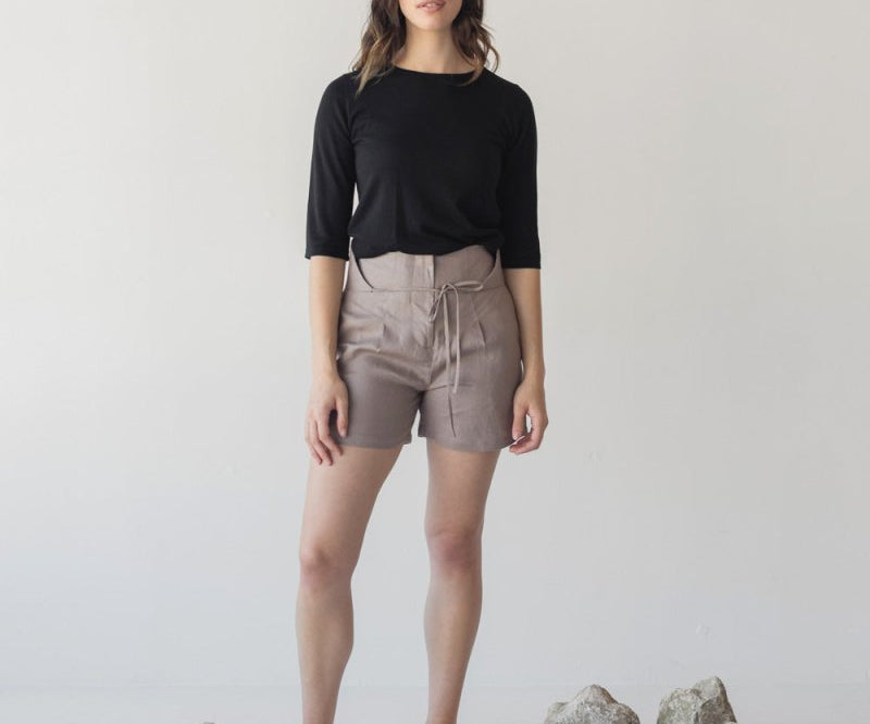 High-waist Linen Shorts with Origami Belt - Esse-Mushroom-XXS-None/ Option 1